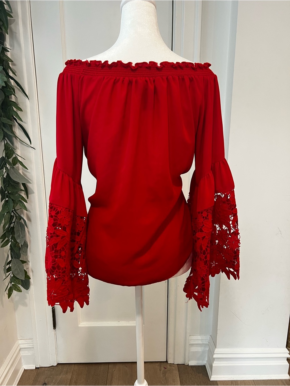 Joseph Ribkoff Red Off-Shoulder Lace Bell-Sleeve Blouse - Picture 3 of 9